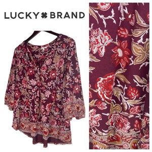 Lucky Brand 2X XXL 18 20 Top Tunic Floral Burgundy Tan Boho Flowy FALL CHIC